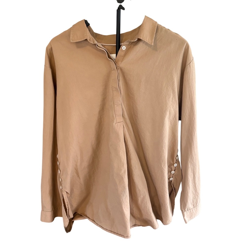 Anthropologie Women Tan Cotton Side Button Slit Tunic Blouse Top Large OB1535829